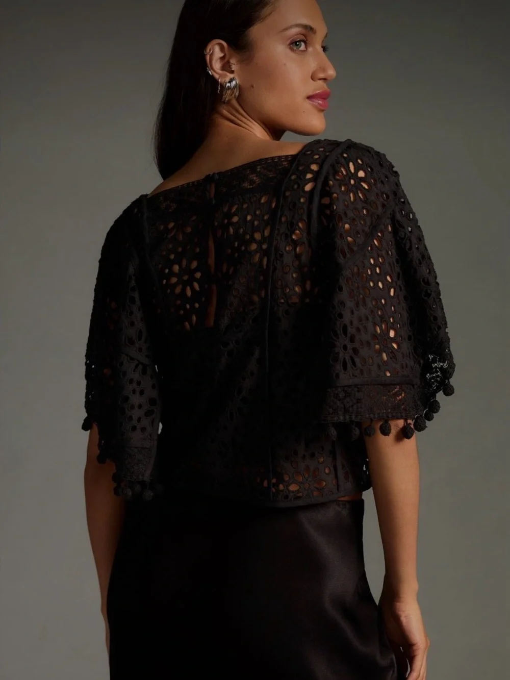 By Anthropologie Boat-Neck Black Victorian Cutwork Pom-Pom Blouse Sz XL Boho